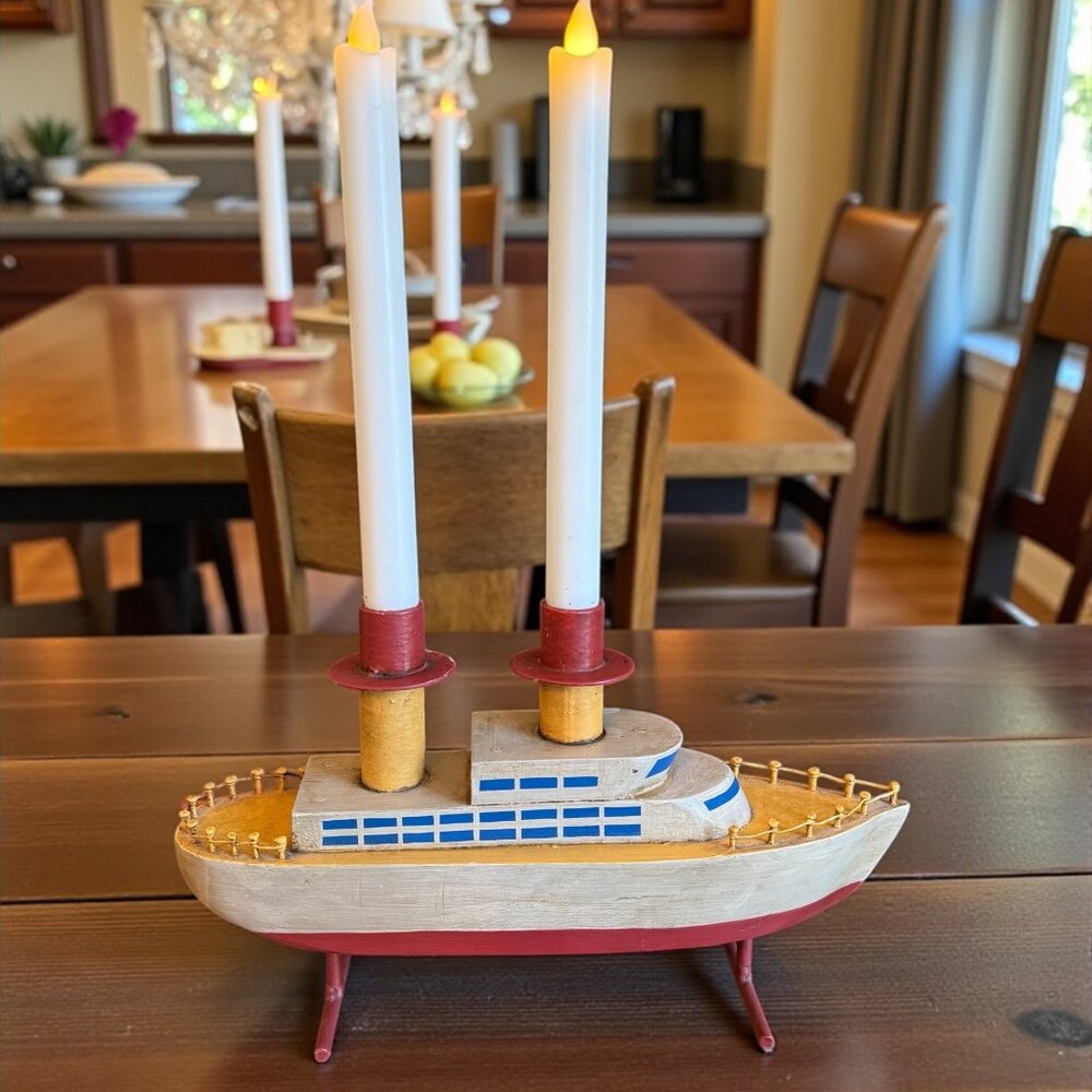 Unique Hand carved Wooden Ship Candle Holder 12.5" Long - Picture 16 of 17
